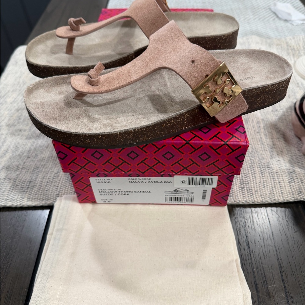 NEW Tory Burch Mellow Thong Sandals Suede/Cork Malva